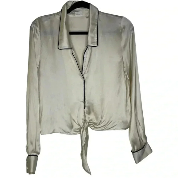 Aritzia Wilfred Tie Front Blouse Long Sleeve Silky  Beige Collar Size Small - Picture 3 of 9